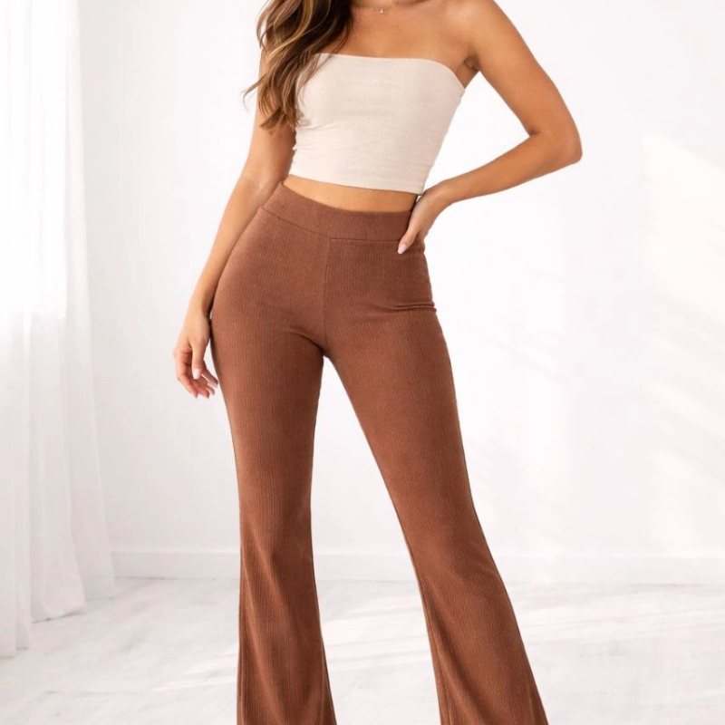 Kadın Fitilli Kaşkorse İspanyol Paça Tayt Yüksek Bel Esnek Pantolon - Kahverengi