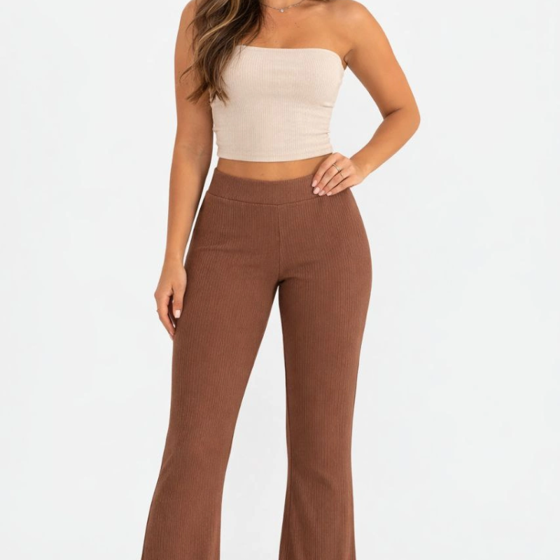 Kadın Fitilli Kaşkorse İspanyol Paça Tayt Yüksek Bel Esnek Pantolon - Kahverengi