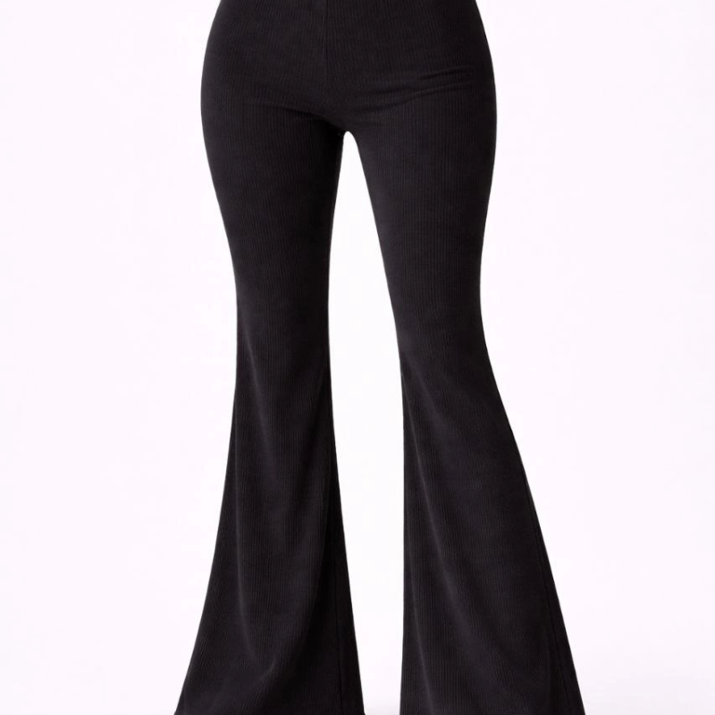 Kadın Fitilli Kaşkorse İspanyol Paça Tayt Yüksek Bel Esnek Pantolon - Siyah