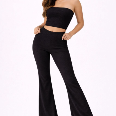 Kadın Fitilli Kaşkorse İspanyol Paça Tayt Yüksek Bel Esnek Pantolon - Siyah