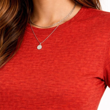 Kadın Flam Kumaş Melanj Dokulu Regular Fit Tişört Bisiklet Yaka Yazlık T-Shirt - Kiremit