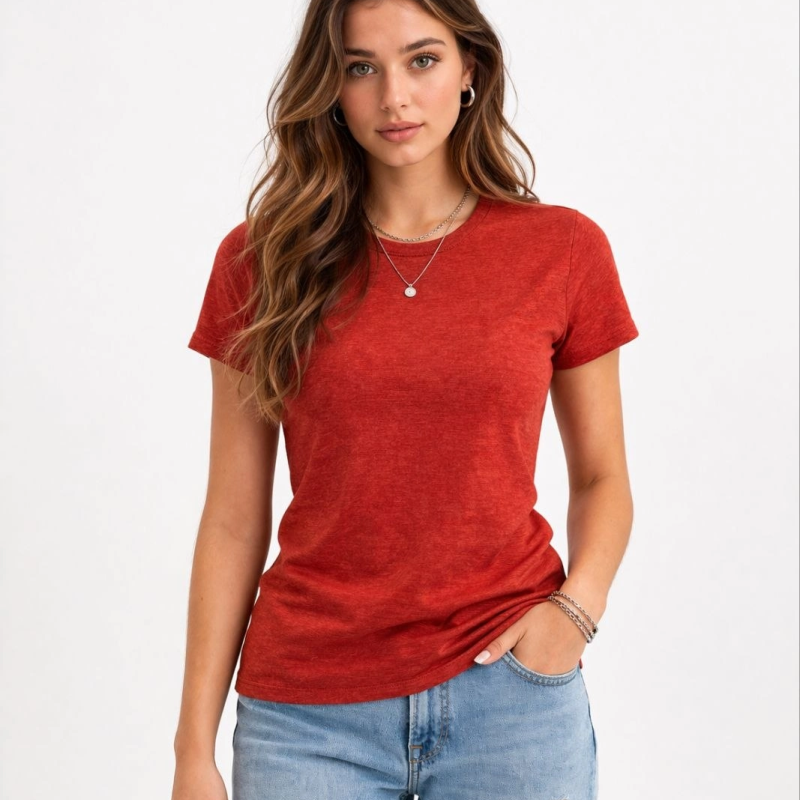 Kadın Flam Kumaş Melanj Dokulu Regular Fit Tişört Bisiklet Yaka Yazlık T-Shirt - Kiremit