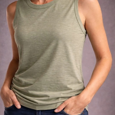 Kadın Flamlı Kumaş Kolsuz Atlet Günlük Fitness Spor T-Shirt - Yeşili