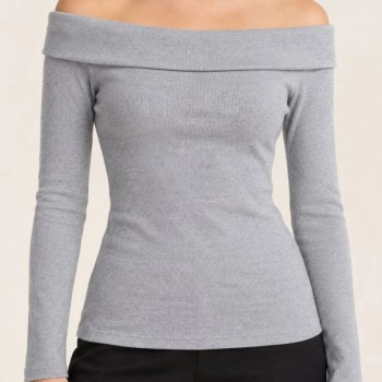 Kadın Gri Melanj Madonna Yaka Uzun Kollu Fitilli Likralı Kaşkorse Slim Fit Bluz - Gri