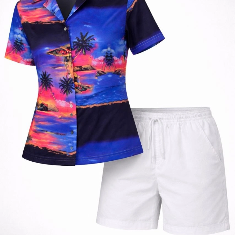 Kadın Gün Batımı Tropikal Desenli Kısa Kol Gömlek Şort Takım Yazlık Rahat Kalıp - Desenli