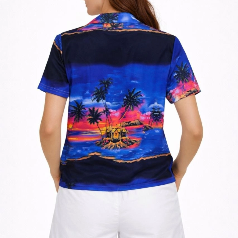 Kadın Gün Batımı Tropikal Desenli Kısa Kol Gömlek Şort Takım Yazlık Rahat Kalıp - Desenli