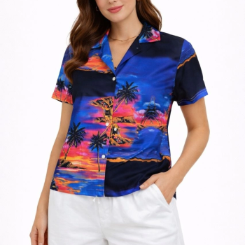 Kadın Gün Batımı Tropikal Desenli Kısa Kol Gömlek Şort Takım Yazlık Rahat Kalıp - Desenli