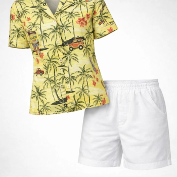 Kadın Gün Batımı Tropikal Desenli Kısa Kol Gömlek Şort Takım Yazlık Rahat Kalıp - Desenli