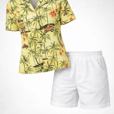 Kadın Gün Batımı Tropikal Desenli Kısa Kol Gömlek Şort Takım Yazlık Rahat Kalıp - Desenli