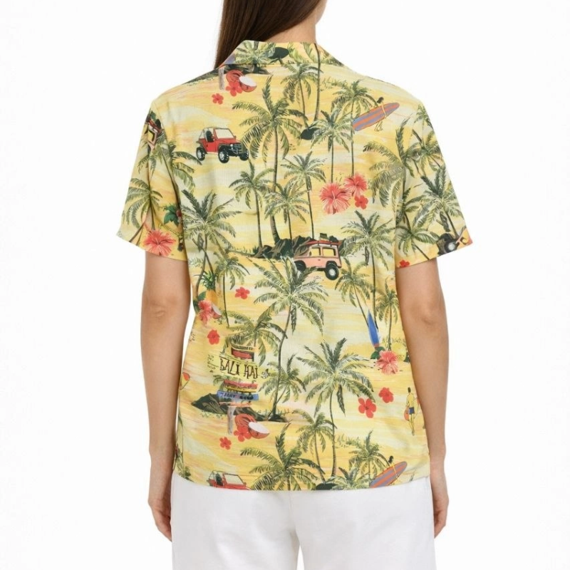 Kadın Gün Batımı Tropikal Desenli Kısa Kol Gömlek Şort Takım Yazlık Rahat Kalıp - Desenli