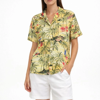 Kadın Gün Batımı Tropikal Desenli Kısa Kol Gömlek Şort Takım Yazlık Rahat Kalıp - Desenli