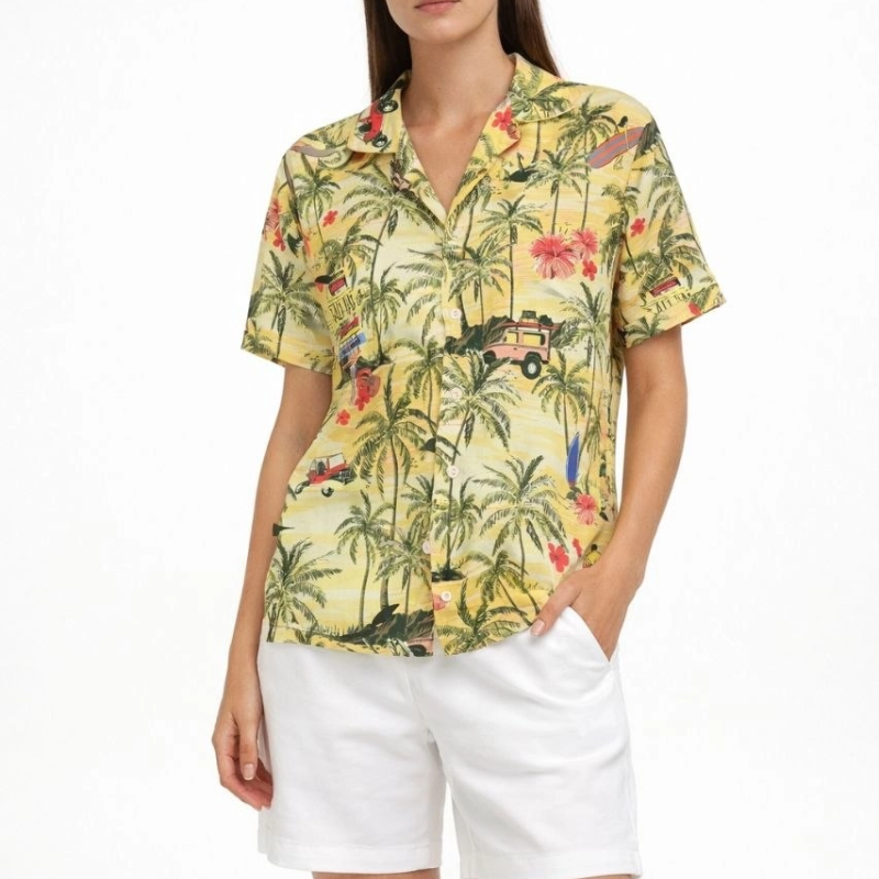 Kadın Gün Batımı Tropikal Desenli Kısa Kol Gömlek Şort Takım Yazlık Rahat Kalıp - Desenli