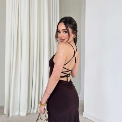 Kadın İp Askılı Sırt Dekolteli Bağlama Detaylı Yırtmaçlı Midi Elbise - Kahverengi