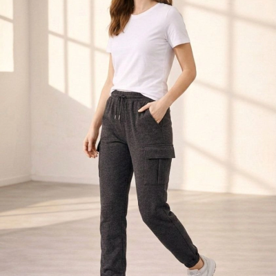 Kadın Jogger Eşofman Altı Kargo Cepli Lastikli Paça Spor Pantolon - Füme