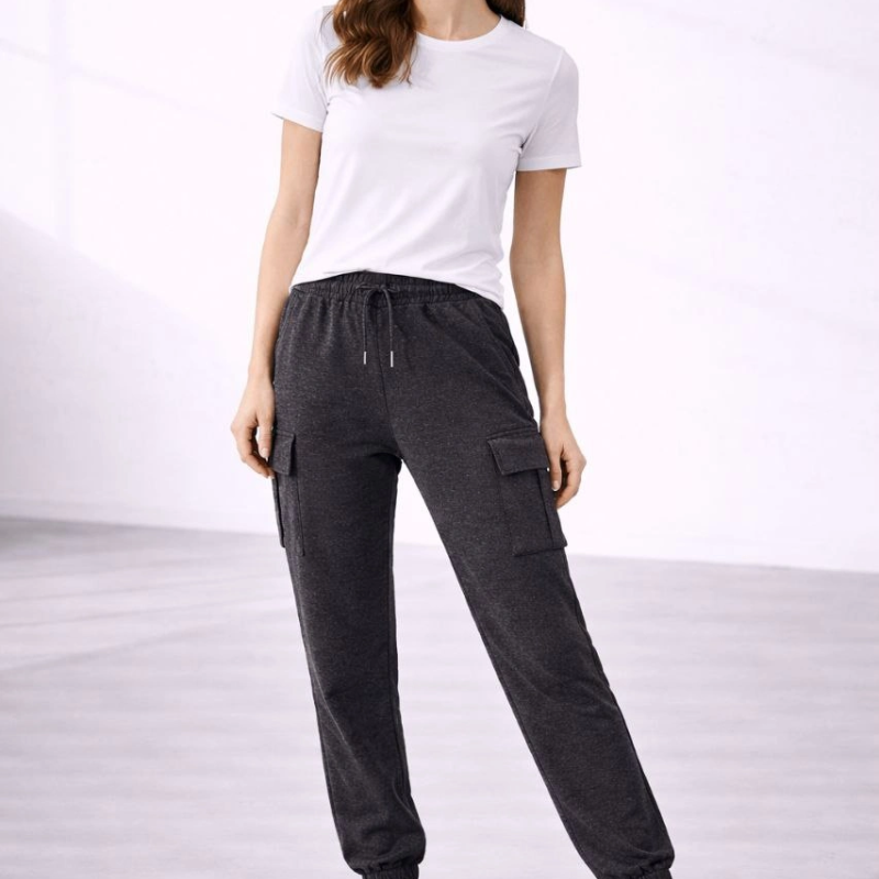 Kadın Jogger Eşofman Altı Kargo Cepli Lastikli Paça Spor Pantolon - Füme