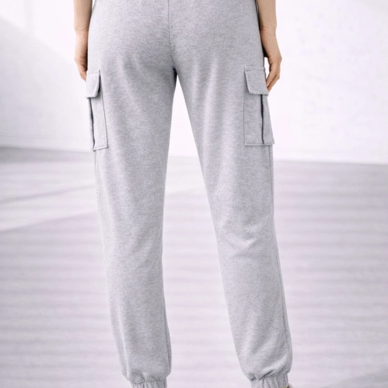 Kadın Jogger Eşofman Altı Kargo Cepli Lastikli Paça Spor Pantolon - Gri