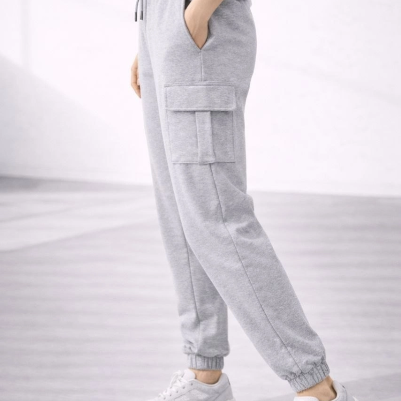 Kadın Jogger Eşofman Altı Kargo Cepli Lastikli Paça Spor Pantolon - Gri