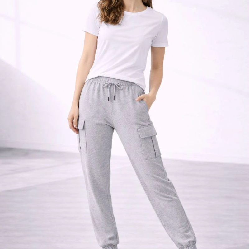 Kadın Jogger Eşofman Altı Kargo Cepli Lastikli Paça Spor Pantolon - Gri