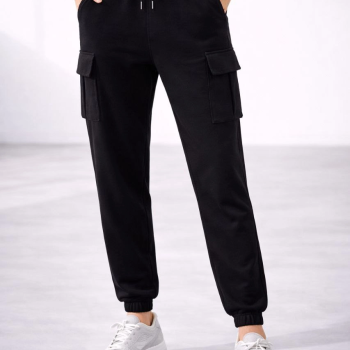 Kadın Jogger Eşofman Altı Kargo Cepli Lastikli Paça Spor Pantolon - Siyah