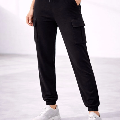 Kadın Jogger Eşofman Altı Kargo Cepli Lastikli Paça Spor Pantolon - Siyah