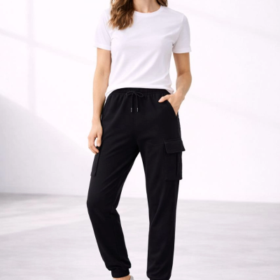 Kadın Jogger Eşofman Altı Kargo Cepli Lastikli Paça Spor Pantolon - Siyah