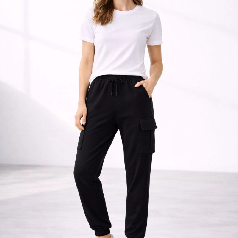 Kadın Jogger Eşofman Altı Kargo Cepli Lastikli Paça Spor Pantolon - Siyah