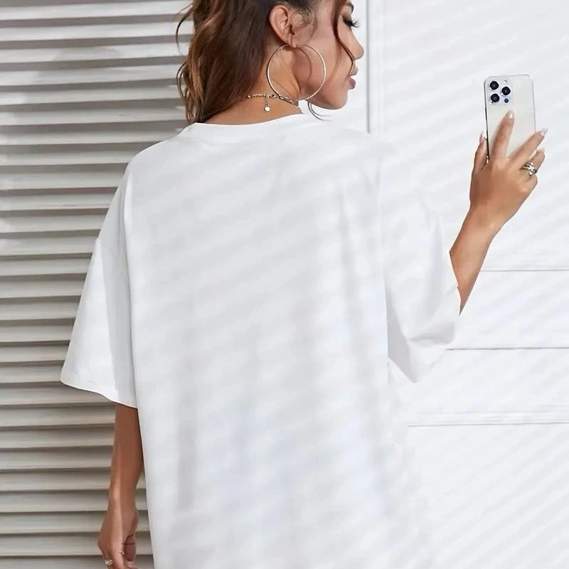 Kadın Kahve Desen Baskılı Tişört Kısa Kol Bisiklet Yaka Oversize T-Shirt - Beyaz