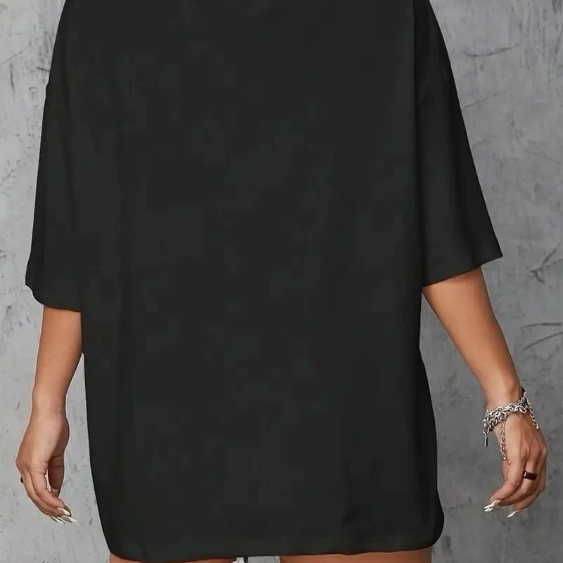 Kadın Kahve Desen Baskılı Tişört Kısa Kol Bisiklet Yaka Oversize T-Shirt - Siyah