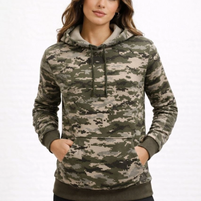 Kadın Kamuflaj Desenli 2 İplik 4 Mevsim Kapüşonlu Kanguru Cepli Hoodie Sweatshirt - Kamuflaj
