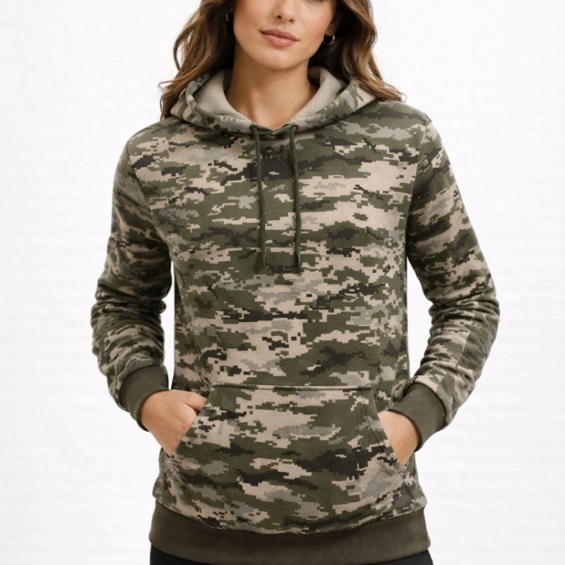 Kadın Kamuflaj Desenli 2 İplik 4 Mevsim Kapüşonlu Kanguru Cepli Hoodie Sweatshirt - Kamuflaj