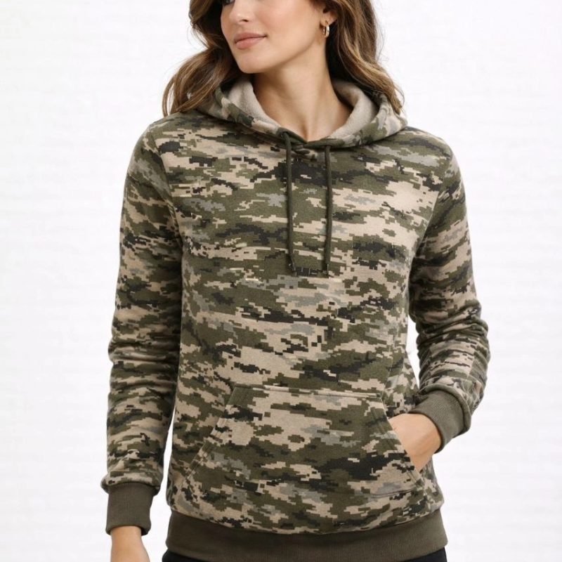 Kadın Kamuflaj Desenli 2 İplik 4 Mevsim Kapüşonlu Kanguru Cepli Hoodie Sweatshirt - Kamuflaj