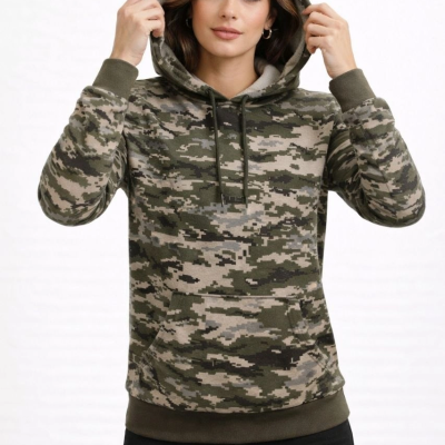Kadın Kamuflaj Desenli 2 İplik 4 Mevsim Kapüşonlu Kanguru Cepli Hoodie Sweatshirt - Kamuflaj