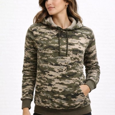 Kadın Kamuflaj Desenli 2 İplik 4 Mevsim Kapüşonlu Kanguru Cepli Hoodie Sweatshirt - Kamuflaj