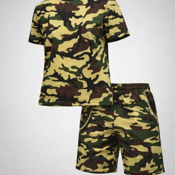 Kadın Kamuflaj Desenli Tişört Şort Takım Kesim 2’li - Kamuflaj