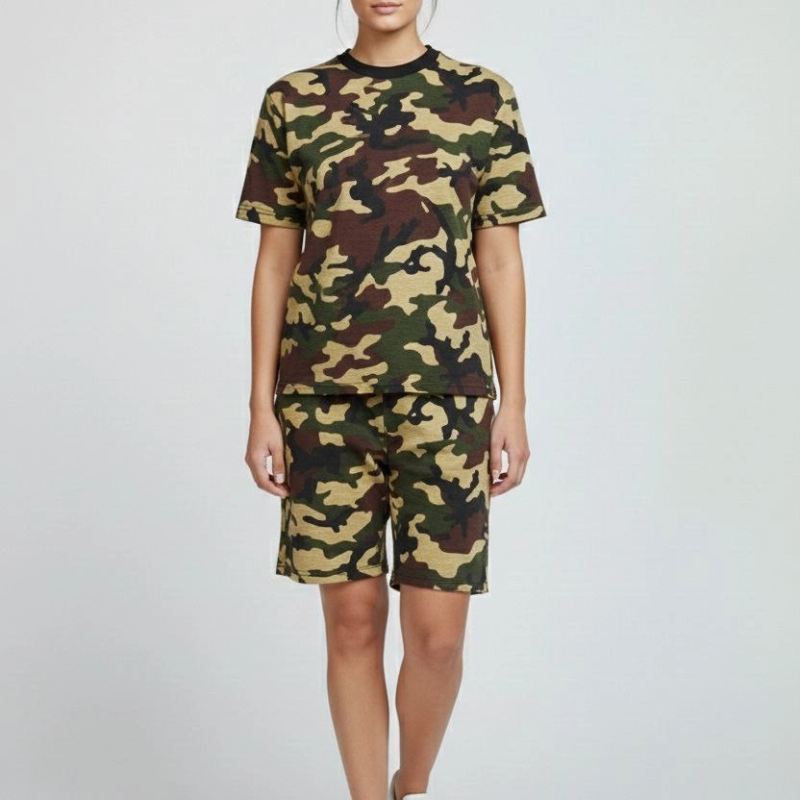 Kadın Kamuflaj Desenli Tişört Şort Takım Kesim 2’li - Kamuflaj