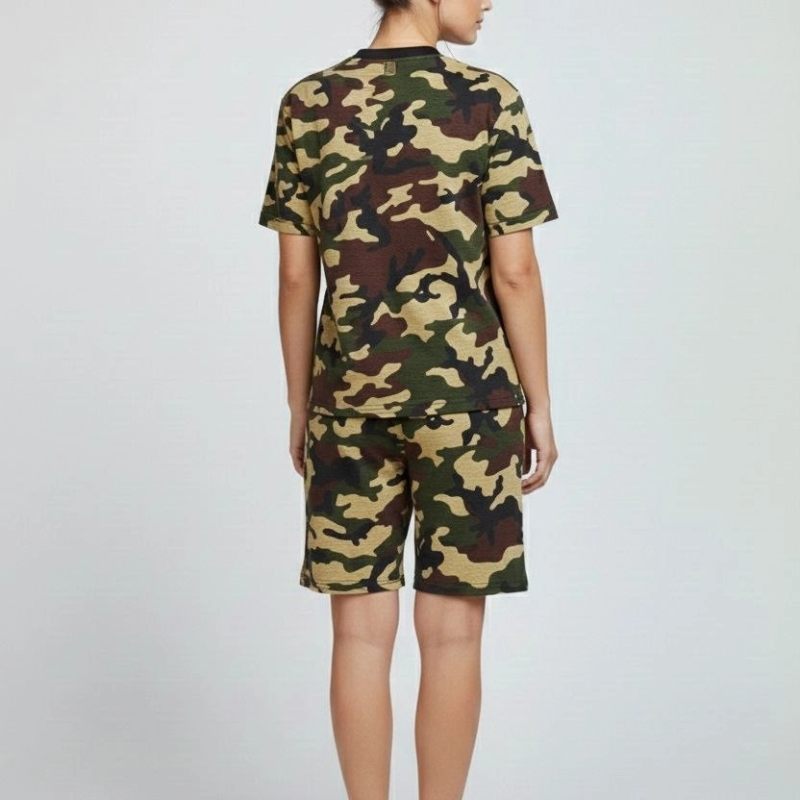 Kadın Kamuflaj Desenli Tişört Şort Takım Kesim 2’li - Kamuflaj