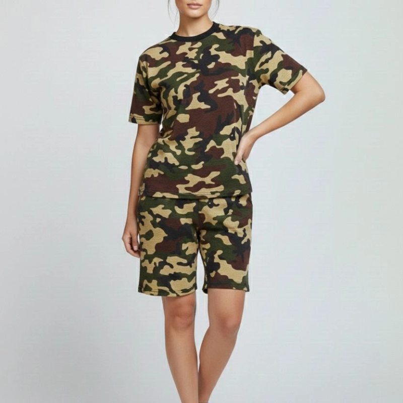 Kadın Kamuflaj Desenli Tişört Şort Takım Kesim 2’li - Kamuflaj
