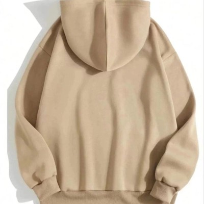 Kadın Kapüşonlu Kanguru Cepli 3 İplik Pamuklu Düz Hoodie Sweatshirt - Bej