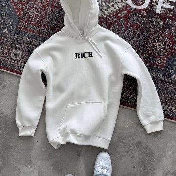 Kadın Kapüşonlu Kanguru Cepli Sweatshirt 3 İplik Pamuklu Baskılı Hoodie - Beyaz