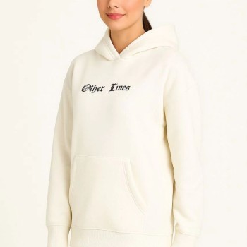 Kadın Kapüşonlu Kanguru Cepli Sweatshirt 3 İplik Pamuklu Baskılı Hoodie - Beyaz