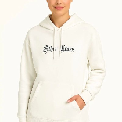 Kadın Kapüşonlu Kanguru Cepli Sweatshirt 3 İplik Pamuklu Baskılı Hoodie - Beyaz