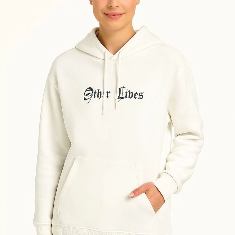 Kadın Kapüşonlu Kanguru Cepli Sweatshirt 3 İplik Pamuklu Baskılı Hoodie - Beyaz