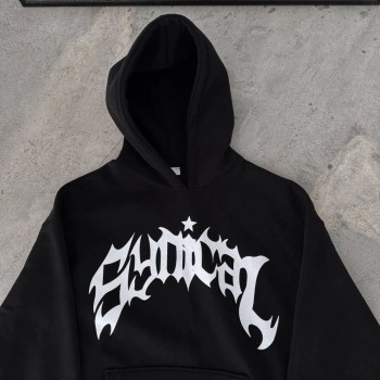 Kadın Kapüşonlu Kanguru Cepli Sweatshirt 3 İplik Pamuklu Baskılı Hoodie -  Siyah