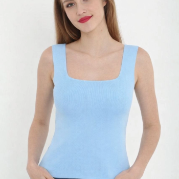 Kadın Kare Yaka Detay Crop - Mavi