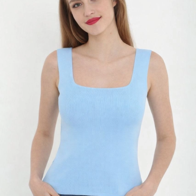 Kadın Kare Yaka Detay Crop - Mavi