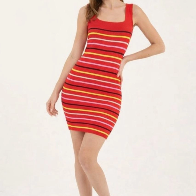 Kadın Kare Yaka Midi Boy Likralı Polelit Elbise - Kırmızı