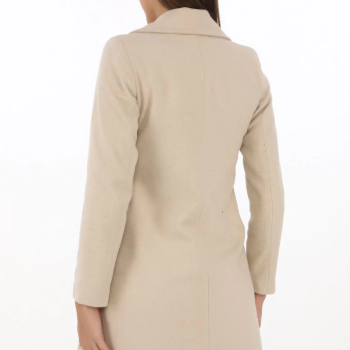 Kadın Kaşe Kaban Siyah Yünlü Dokuma Kruvaze Yaka Astarlı Cepli Kuşaklı Uzun Boy - Bej