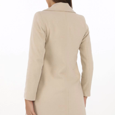 Kadın Kaşe Kaban Siyah Yünlü Dokuma Kruvaze Yaka Astarlı Cepli Kuşaklı Uzun Boy - Bej