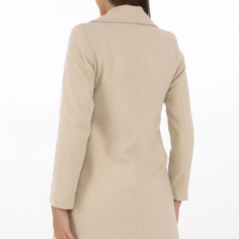 Kadın Kaşe Kaban Siyah Yünlü Dokuma Kruvaze Yaka Astarlı Cepli Kuşaklı Uzun Boy - Bej