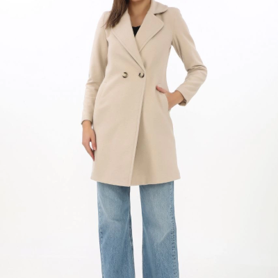 Kadın Kaşe Kaban Siyah Yünlü Dokuma Kruvaze Yaka Astarlı Cepli Kuşaklı Uzun Boy - Bej